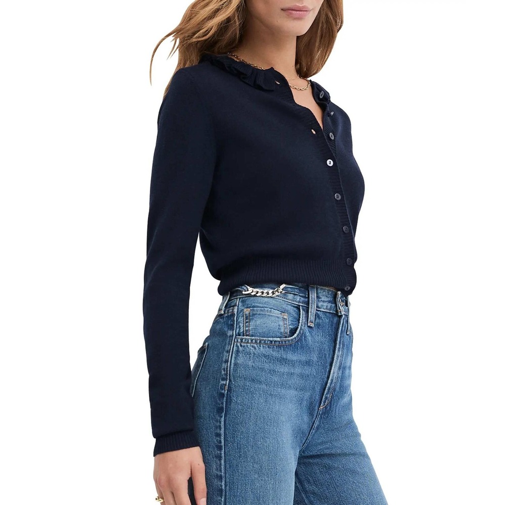 NWT Favorite Daughter Meet The Parents Ruffle Collar Merino Wool Cardigan L Navy